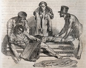 Unfallmedizin - über die wirksamste Hilfe für Ertrinkende - um sich so schnell wie möglich auszuziehen, muss man die nassen Effekte zerreißen - Gravur in „La Sante Universelle - Guide Medical des Familles“ 1852