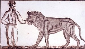 Werbung für den Zirkus im Jahr 1800, die einen Dompteur zeigt, der seine Hand in den Mund eines Löwen steckt. von Unknown artist