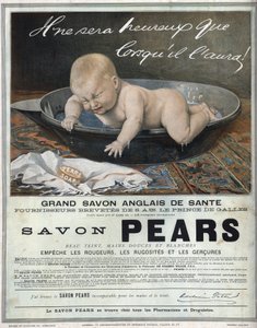 Werbung von 1889 für die englische Seife „Pears“ große englische Gesundheitsseife. Ein Baby in seinem Bad macht ein Gesicht (weint) und versucht, die Seife zu fangen. von Unknown artist