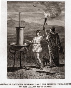 Aeneas der Taktiker erfindet die Kunst der phrasischen Signale, 366 v. Chr. Gravur 19. Jahrhundert, Bianchetti-Sammlung
