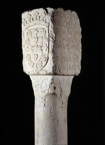 Afrikanische Kunst: Detail einer Besitzsäule, bekannt als Heiliger Augustinus, errichtet vom portugiesischen Entdecker Diogo Cao (oder Diego Cam) im südlichen Angola. 1486. Lissabon, Nationalmuseum für antike Kunst von Unknown artist