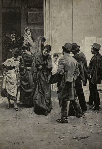 Nach der Messe, Gravur von Sabbatini nach einem Gemälde von Arnaldo Ferraguti aus L