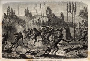 Nach der Zeremonie der Selbsthingabe an den Großen Geist, tanzen die jungen Krieger einen frenetischen und ausufernden Tanz, die Schwächsten werden auf dem Boden geschleift, unter den Mandan-Indianern (oder noumah ka kie: Fasanen), am linken Ufer des Misso