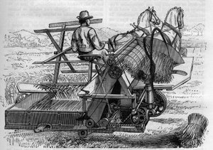 Landwirtschaft und landwirtschaftliche Maschinen: Ein neuer Mähdrescher, der von Pferden gezogen wird und die Garben automatisch bindet. Gravur in La Nature