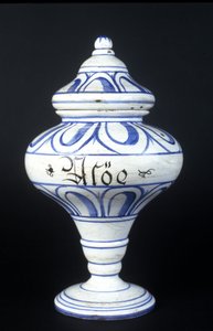 Albarelle: Apothekergefäß des 16. Jahrhunderts mit Aloe. Museum für Wissenschaft und Technologie, Mailand