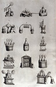 Alchemie: Tafel mit verschiedenen Modellen von Destillationsapparaten und Brennblasen. Athanase Kircher (oder Athanasius Kircheri 1602-1680), deutscher Jesuit. Gravur des 17. Jahrhunderts.