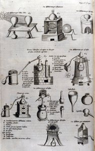 Alchemie: Tafel, die verschiedene Modelle von Destillationsapparaten und Brennblasen darstellt. Athanase Kircher (oder Athanasius Kircheri 1602-1680), deutscher Jesuit. Gravur aus dem 17. Jahrhundert.
