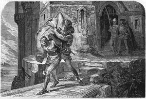 Alexander, König und Bastard von Bourbon, wurde in einen Sack genäht und in die Dämmerung geworfen, um ihn durch den Delfin, den zukünftigen Ludwig XI., zu ersetzen. Gravur des 19. Jahrhunderts von Unknown artist