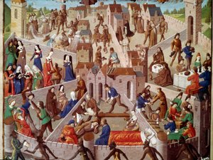 Allegorische Darstellung der Stadt der Erde, menschliche Sünde, Stolz, Zorn, Lust, Neid, Faulheit, Exzess und ihre gegensätzlichen Tugenden, Frömmigkeit, Bescheidenheit, Nüchternheit... Miniatur aus Manuskript ms. 8346, fr. 18, fol. 3 von Unknown artist