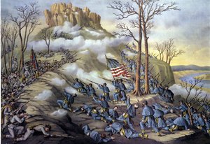Amerikanischer Sezessionskrieg oder Bürgerkrieg (1861 - 1865): 23/11/1863, Schlacht am Lookout Mountain in Tennessee, ein Angriff, der heute als Schlacht über den Wolken bekannt ist, wegen des Nebels, der es den Bundestruppen ermöglichte, schneller vorzurü von Unknown artist