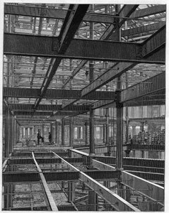 Amerikanische Eisenrahmenkonstruktionen - das Gerüst des Palace Hotels in Denver, Colorado - Gravur in „Nature“ von 1892