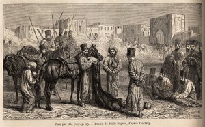 Ein Buchhalter des Khans erhält die Lieferung der Köpfe von Feinden und Geiseln, Frauen und Kinder an die Schweifenden Pferde gebunden. Zeichnung von Emile Bayard, zur Illustration der Reise nach Zentralasien, 1863, von Arminius Vambery (ungarischer Wissen von Unknown artist