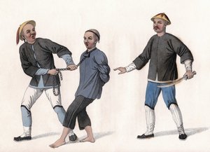 Ein Angeklagter wird ins Gefängnis gebracht, an einer Kette um den Hals gebunden. Gravur, in „Die Strafen der Chinesen“, London von Unknown artist