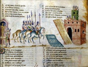 Eine Armee nähert sich einer Burg. Miniatur aus dem „Roman de Troy“ von Benoit de Sainte Maure. 14. Jahrhundert, Biblioteca Marciana, Venedig