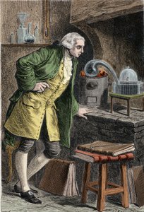 Antoine Laurent Lavoisier (1743-1894) französischer Chemiker, untersucht die Existenz von Sauerstoff in der Luft: Experiment, bei dem er Quecksilberoxid erhielt - Lavoisier in seinem Labor. Gravur des 19. Jahrhunderts. von Unknown artist