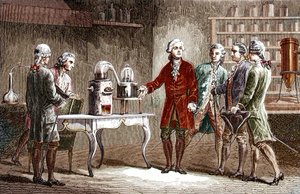 Antoine Laurent Lavoisier (1743-1894) führt die Zersetzung der Luft im Jahr 1776 durch - Antoine Laurent Lavoisier, englischer Chemiker, zeigt anderen Wissenschaftlern sein Experiment, das die Zusammensetzung der Luft im Jahr 1776 enthüllte - Gravur von Lo von Unknown artist