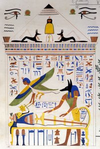 Anubis kümmert sich um die Mumie, während die Seele des Verstorbenen zur Transmigration fliegt - in „Denkmäler von Ägypten und Obernubien“ von Ippolito Rosellini (Rossellini) von Unknown artist