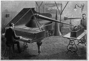 Apparat zur Aufnahme eines Klavierstücks durch den Phonographen, eine Erfindung von Thomas Alva Edison (1847-1931). Gravur in „La Nature. Revue des sciences et de ses applications aux arts et à l