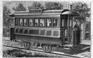 Anwendung von Faure-Batterien: Elektrische Straßenbahn, Modell der Omnibus-Gesellschaft, betrieben mit Batterien. Gravur in Le Monde Illustré von Unknown artist