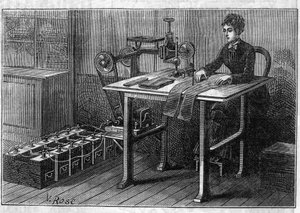 Anwendung von Faure-Batterien: Schneidemaschine für Stoffe, betrieben durch den Akkumulator. In „Le Monde Illustré“ von Unknown artist
