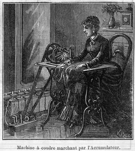 Anwendung von Faure-Batterien: elektrische Nähmaschine, die durch den Akku betrieben wird. Gravur in "Le Monde Illustré"