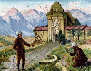 Archäologen in Kambodscha. Chromolithographie aus dem späten 19. Jahrhundert