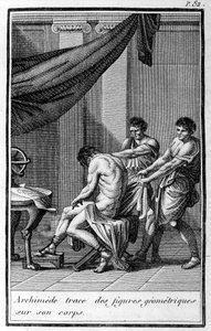 Archimedes zeichnet geometrische Figuren auf seinen Körper