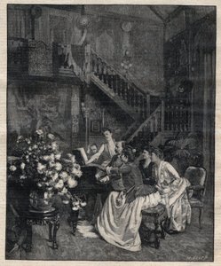 Um eine Partitur - Jules Massenet (1842-1912), französischer Komponist, spielt mit Freunden „Le portrait de Manon“ - Gravur in „Le Progrès Illustré“ von 1895 von Unknown artist