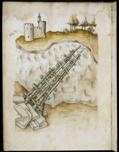 Anordnung einer Holzbrücke - Manuskript: Pergamentblatt aus einem Ingenieurshandbuch für den Bau ziviler, religiöser und militärischer Gebäude, anonym, Ende des 15. Jahrhunderts (Figur in chinesischer Tinte)