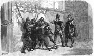 Verhaftung des Bastards von Rubempre unter der Herrschaft von Ludwig XI. Gravur aus dem 19. Jahrhundert.