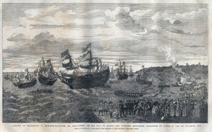 Ankunft von Friedrich V. von der Pfalz (1596-1632) im Hafen von Gravesend zur Heirat mit Prinzessin Elisabeth von England (1596-1662), Tochter von König James I. (1566-1625) am 16. Oktober 1612. Er wurde von James Hay (1. Earl of Carlisle) empfangen.