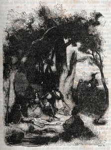 Ankunft von Rodomont und Mandricard am Brunnen von Merlin - Gravur von 1851 aus „Roland furieux“ (Orlando furioso) (16. Jahrhundert) von Ludovico Ariosto, bekannt als der Ariosta - Ausgabe übersetzt aus dem Italienischen von Graf von Tressan und veröffentl von Unknown artist