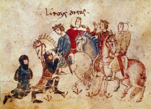 Artuslegende: „König Artus besänftigt Ritter (Meliadus, Esclabor und Arfasar)“. Miniatur aus „Meliadus, Bruder von Tristan“ 14. Jahrhundert Venedig, Biblioteca Marciana