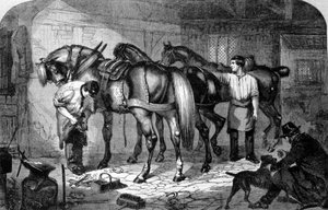 Handwerker: der Hufschmied fertigte die Hufe der Pferde. Gravur aus dem 19. Jahrhundert