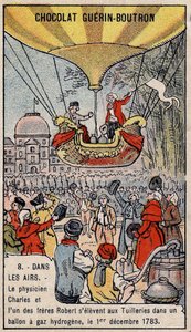 Aufstieg in einem Wasserstoffgasballon der französischen Aeronauten Charles und Robert le Jeune, durchgeführt in Paris, im Tuileriengarten. 1. Dezember