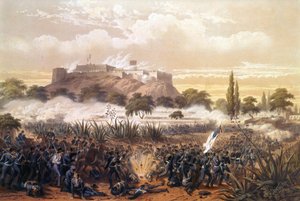 Sturm auf Chapultepec im September 1847 während des Krieges zwischen den Vereinigten Staaten und Mexiko. Gravur von 1850 von Unknown artist