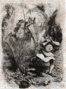 Astolphe lässt Caligorant fliehen - Gravur von 1851 aus „Furioser Roland“ (Orlando furioso) (16. Jahrhundert) von Ludovico Ariosto, bekannt als der Ariosta - Ausgabe übersetzt aus dem Italienischen von Graf von Tressan und veröffentlicht von Gustave Harvar von Unknown artist