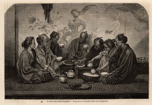 Beim Abendessen einer bürgerlichen Familie, Männer versammeln sich auf einem Tatami, um kleine Kaffeetische, essen Reis in einer individuellen Schüssel und servieren Fleisch und Gemüse in einem gemeinsamen Gericht, während sie Tee trinken, zwei Frauen bedi