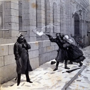 Attentat auf Zar Alexander II. (1818-1881) in St. Petersburg im Jahr 1879. Gravur aus dem 19. Jahrhundert