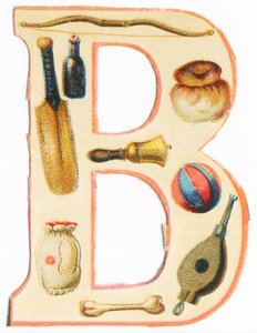 B: Bogen, Baseballschläger, Flasche, Brioche, Glocke, Ballon, Knochen, Tasche, Blasebalg von Unknown artist