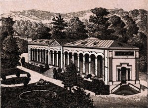 Baden-Baden, Deutschland: Blick auf die Kolonnade in „Die Welt illustriert 168 Ansichten“ (Ende des 19. Jahrhunderts)