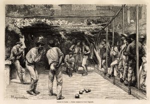 Ballspieler in Rom (Italien). Gravur zur Illustration der Reise nach Rom, von Francis Wey, 1864-1868, veröffentlicht in „Le tour du monde, nouveau journal des voyages“, unter der Leitung von Edouard Charton