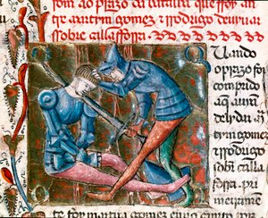 Schlacht zwischen Rodrigo Diaz de Vivar genannt El Cid (1043-1099) und Martin Gomez. Miniatur aus „Chroniken von Spanien“