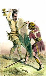 Kampf zwischen einem fränkischen Soldaten und einem römischen Soldaten. Gravur des 19. Jahrhunderts