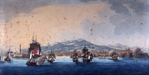 Schlacht im Hafen von Genua zwischen französischen und englischen Schiffen. Andre Massena leitet das Hauptquartier von Genua. Anonymes Gemälde aus dem 19. Jahrhundert. Museo Navale de Genova Pegli