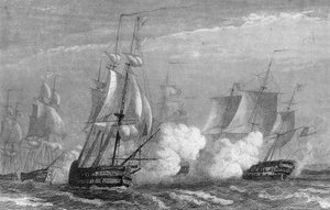 Seeschlacht von Ouessant im 18. Jahrhundert zwischen den Franzosen und den Engländern im Jahr 1778. In „Allgemeine Geschichte der Marine“ von Van Tenac