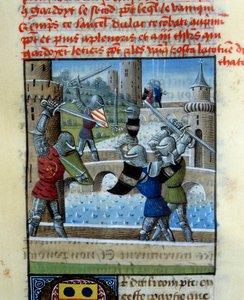 Ritterkampf Palamede und Artus. Miniatur im „Roman Du Grail“ von Unknown artist