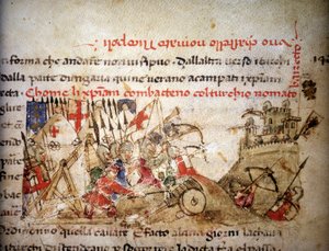 Schlacht von Nikopolis: Niederlage der Christen durch Bayazid I. (Türkei) am 28.09.1396 - in „Croniche del Sercambi“, um 1400. Nationalarchiv, Lucca