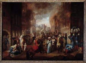 Schlacht von Wien: Die Kapitulation der Türken bei der Belagerung Wiens im September 1683. Sieg der Truppen der christlichen Koalition unter der Führung von Johann III. Sobieski, Leopold I. und Karl von Lothringen. Anonymes Gemälde des 17. Jahrhunderts. Na von Unknown artist