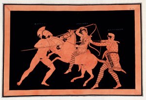 Schlacht der Amazonen Hyppolyte und Deinomache gegen Theseus - „Gemälde antiker Vasen, allgemein etruskisch genannt“, aus verschiedenen Sammlungen und graviert von A. Clener, begleitet von Erklärungen von A.L. Millen. Von Dubois-Maisonneuve. Bibliothek von